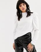 Object Volume Sleeve High Neck Cotton Blouse-white