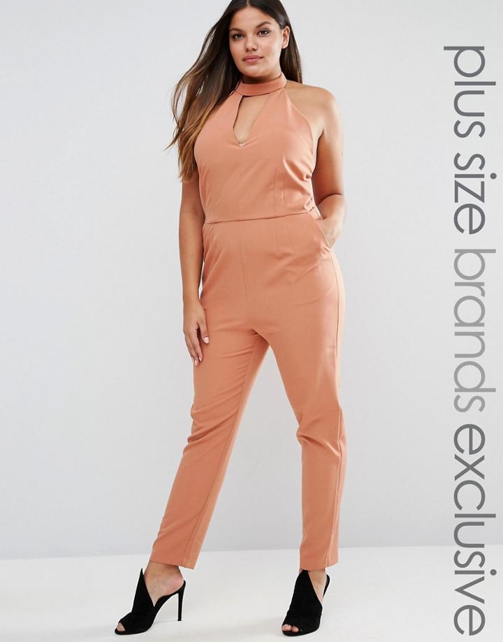 Lavish Alice Plus Keyhole Plunge Neck Jumpsuit - Brown