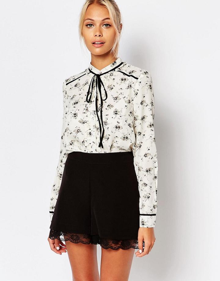 Fashion Union Sheer Blouse In Floral Print And Contrast Tie Up - Multi