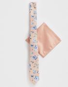 Asos Design Slim Tie & Pocket Square In Peach Based Floral-pink