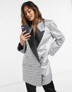 Asos Design Zig Zag Metallic Jacquard Dad Blazer Dress With Contrast Lapel-silver