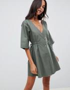 Asos Design V Front V Back Casual Smock Mini Dress With Buttons-green