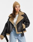 Topshop Faux Shearling Aviator Jacket With Sherpa Lining In Brown
