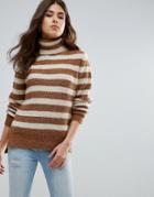 Pieces Hella Striped Rollneck Mohair Wool Blend Knit Sweater - Brown