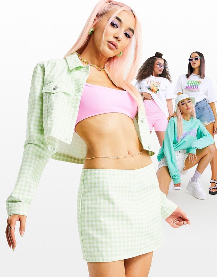 Asos Design Denim Micro Skirt Set In Lime Gingham Set-multi