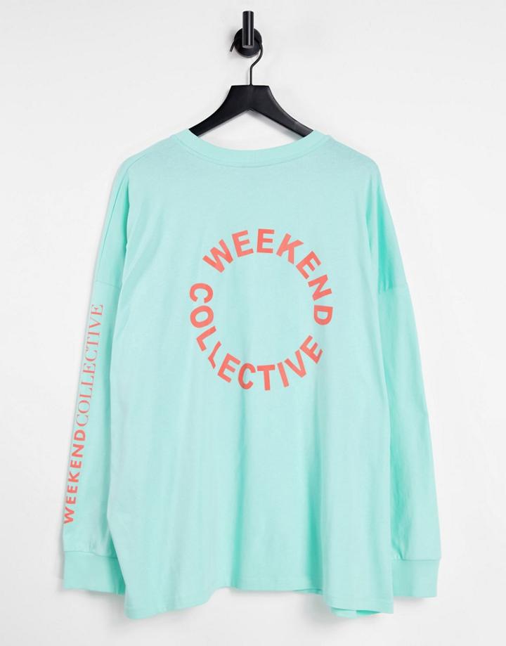 Asos Weekend Collective Curve Oversized Longsleeve T-shirt With Back Logo In Mint-green