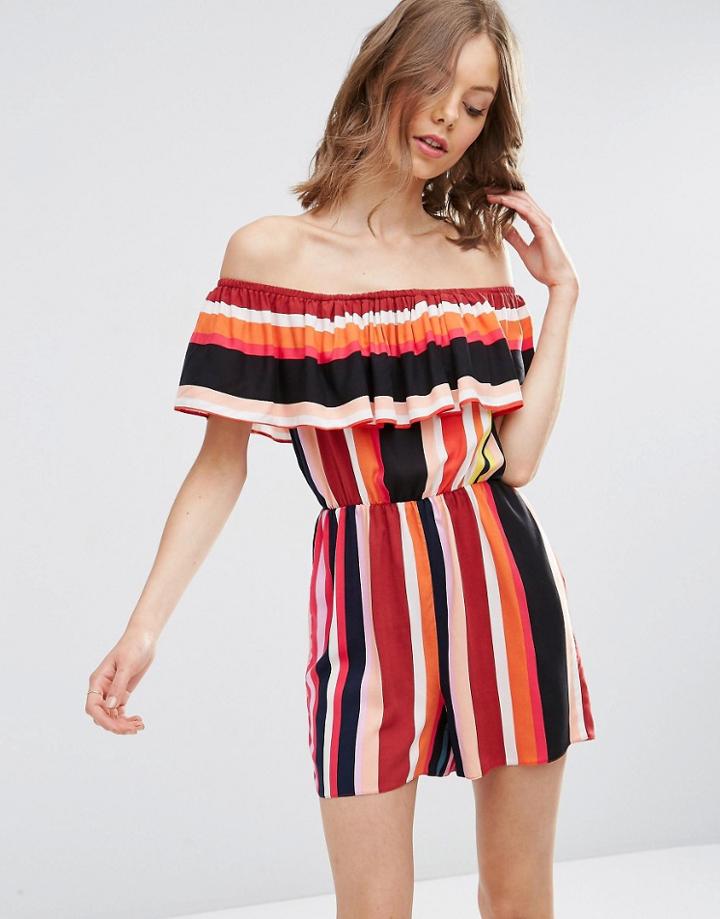 Asos Off Shoulder Ruffle Stripe Playsuit - Multi