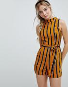 Influence Stripe Tie Waist Romper - Yellow