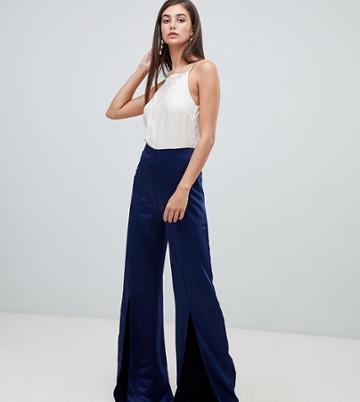 True Violet Tall Wide Leg Pants With Split - Navy