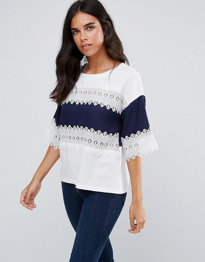 Amy Lynn Short Sleeve Color Block Lace Top - White