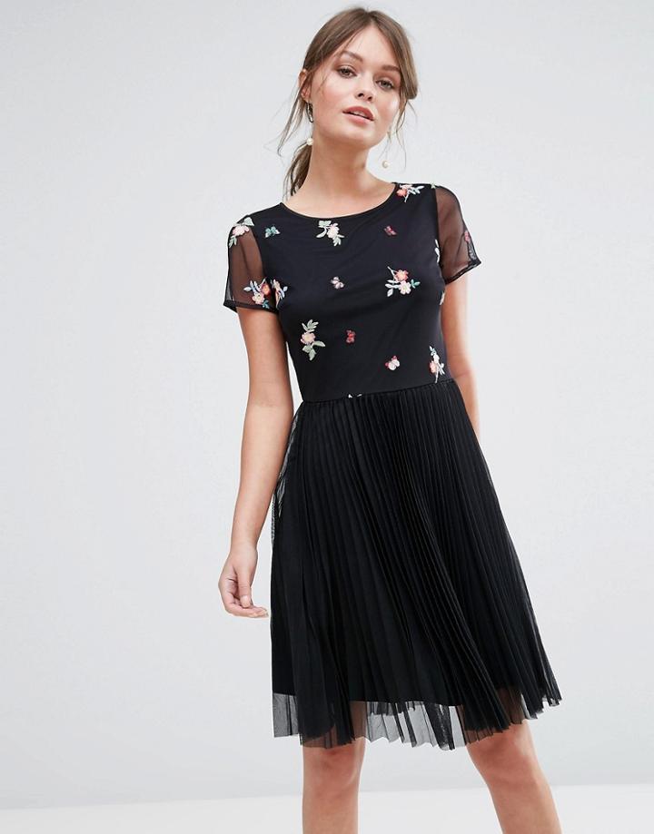 Oasis Embroidered Mesh Skater Dress - Black