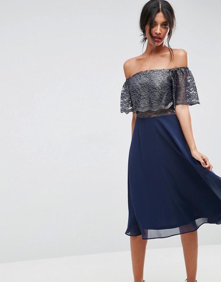 Asos Bardot Metallic Midi Skater Dress - Navy