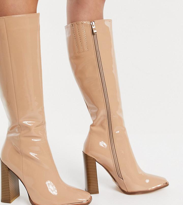 Simmi London Wide Fit Melisa Knee Boots In With Metal Plating In Beige Patent-neutral