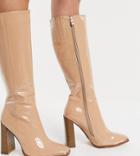Simmi London Wide Fit Melisa Knee Boots In With Metal Plating In Beige Patent-neutral