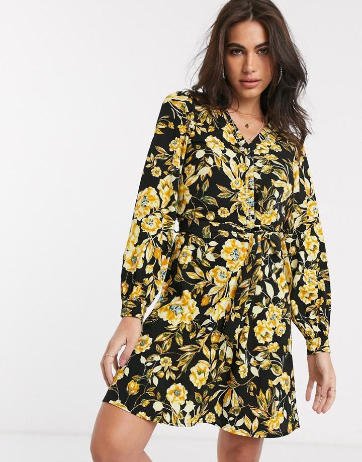 Vila Wrap Mini Dress With Belted Waist In Yellow Floral-black