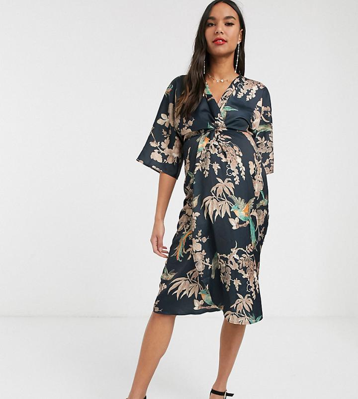 Hope & Ivy Maternity Kimono Wrap Dress In Blue Floral-multi