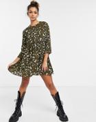 Asos Design Long Sleeve Smock Mini Dress In Khaki Floral Print-multi