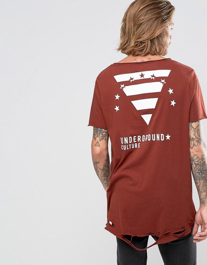 Asos Super Longline T-shirt With Raw Scoop Neck And Symbol Print With Distressed Hem - Red