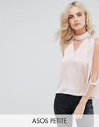 Asos Petite Cold Shoulder Satin Swing Top With Deep Plunge And Choker Detail - Pink