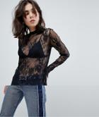 Pieces Sheer T-neck Top - Black