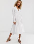 Asos Design Tiered Collared Cotton Smock Midi Dress With Long Sleeves - White
