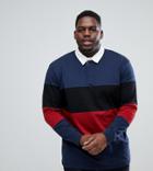 Asos Plus Longline Long Sleeve Rugby Polo Shirt With Color Block In Heavyweight Jersey - Navy