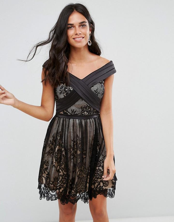 Forever Unique Bardot Cross Over Mini Lace Skater Dress - Black