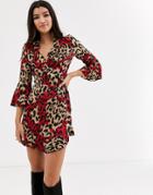 Outrageous Fortune Ruffle Wrap Mini Dress With Fluted Sleeve In Multi Leopard Print