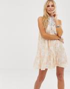 En Creme Swing Dress With Lace Top In Pastel Floral-cream