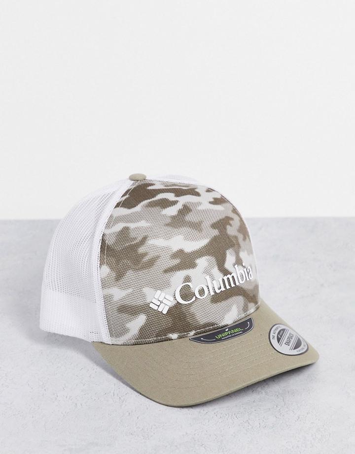 Columbia Punchbowl Trucker Cap In Beige/camo-white