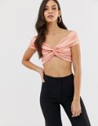 The Girlcode Stretch Satin Twist Bardot Crop Top In Pink - Pink