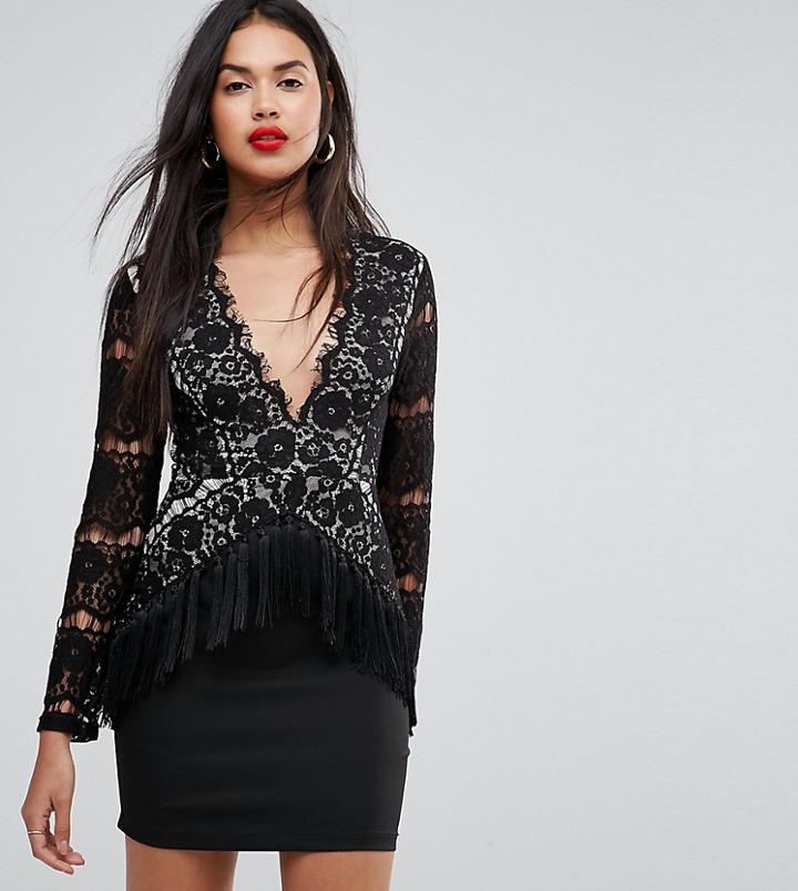 Missguided Tassel Trim Lace Plunge Mini Dress - Black