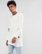 Black Kaviar Knitted Sweater In Off White With Distressing - White