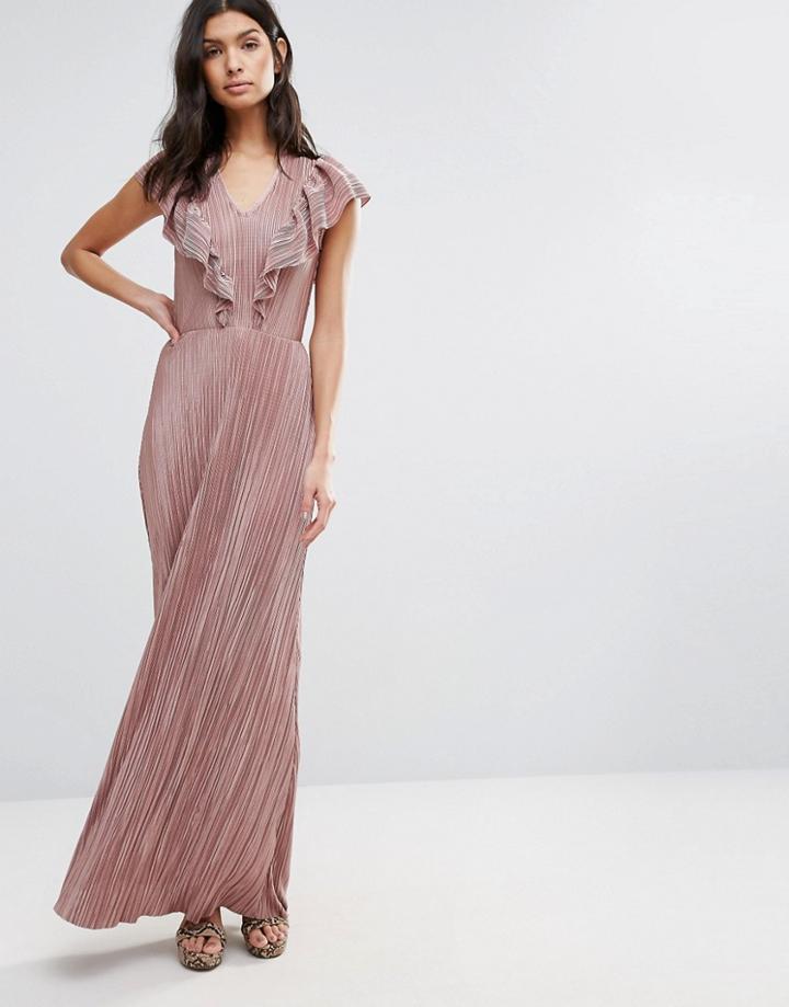 Liquorish Pleated Frill Sleeve Maxi Dress - Pink