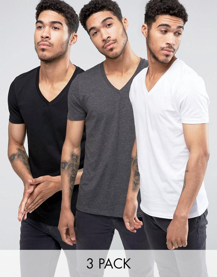 Asos 3 Pack T-shirt With V Neck In White/black/charcoal - Multi