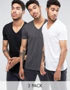 Asos 3 Pack T-shirt With V Neck In White/black/charcoal - Multi