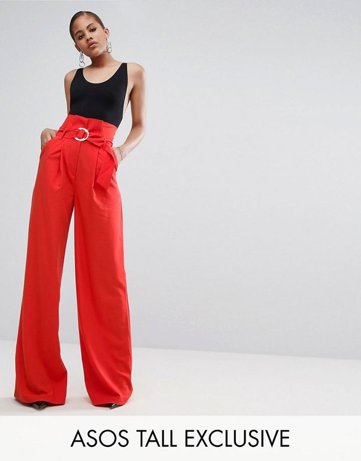 Asos Tall Exclusive Wide Leg Pant With Paper Bag Waist And D-ring Detail - Red