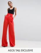 Asos Tall Exclusive Wide Leg Pant With Paper Bag Waist And D-ring Detail - Red