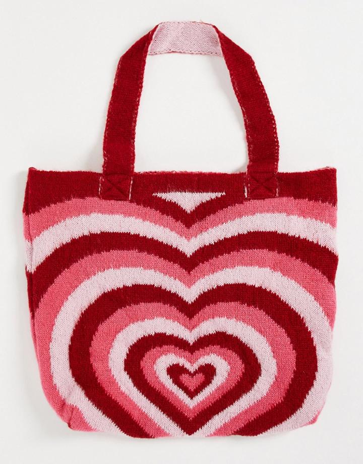 Asos Design Knit Tote Bag In Pink Heart Motif