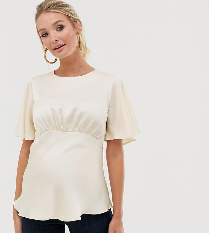 Asos Design Maternity Top With Flutter Sleeve In Satin-multi