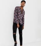 Asos Design Tall Regular Fit Floral Shirt In Blue With Grandad Collar - Navy