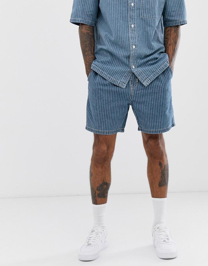 Bershka Striped Denim Drawstring Shorts Two-piece-blue