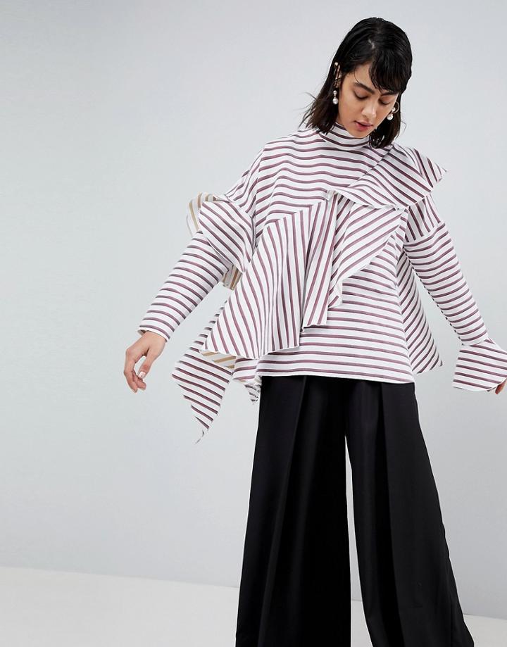 Asos White Multi Stripe Waterfall Frill Top - Red