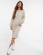 Y.a.s Brushed Knit Midi Dress With Balloon Sleeves In Beige-brown