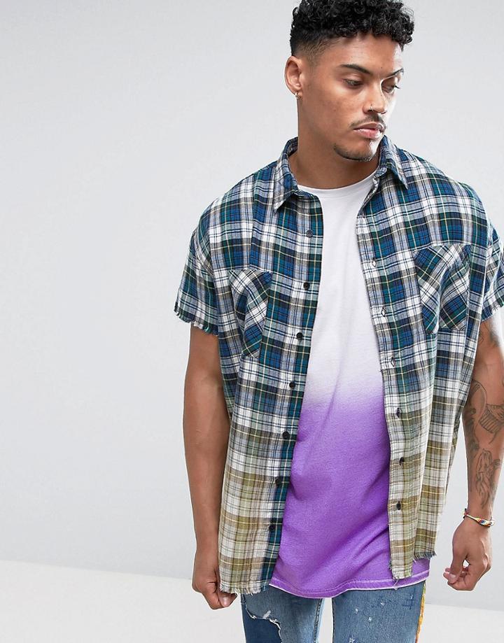 Jaded London Sleeveless Oversized Shirt In Check With Dip Dye - Stone