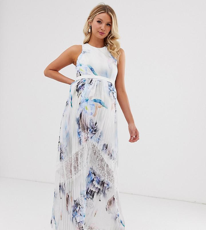 Little Mistress Maternity All Over Floral Pleated Maxi Dress In Multi