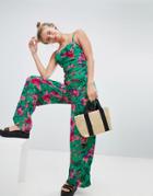 Bershka Floral Printed Jumpsuit In Green - Red