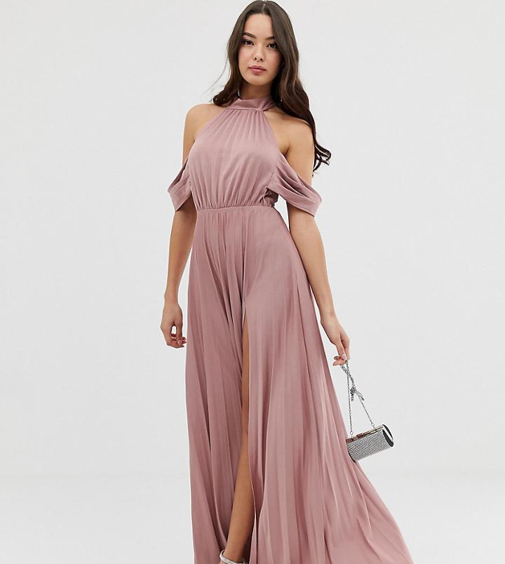 Asos Design Halter Pleated Bow Back Maxi Dress - Pink