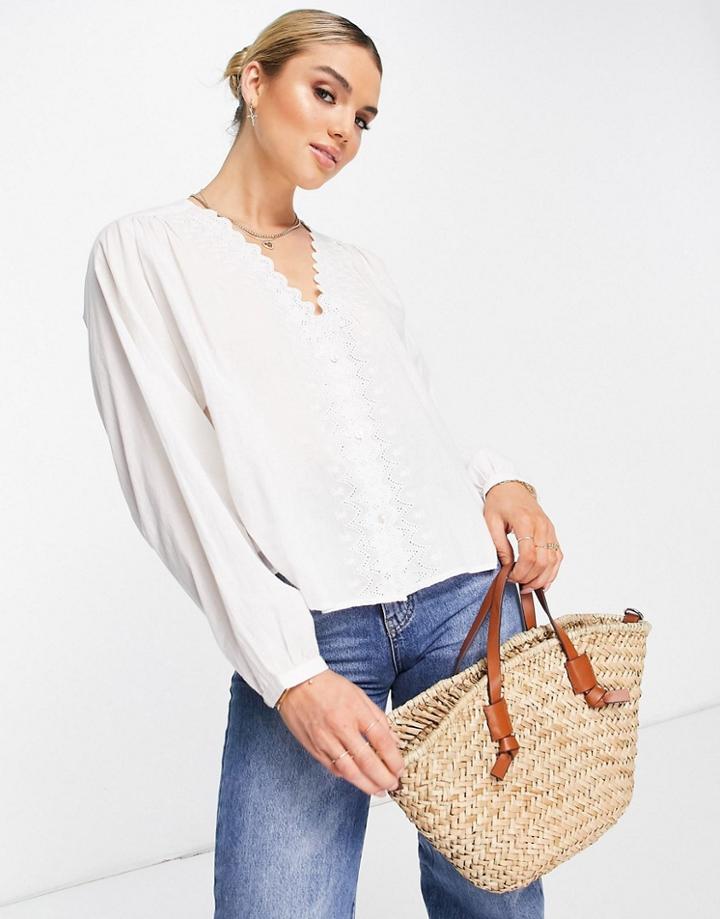 Mango Embroidered Scallop Neck Blouse In White