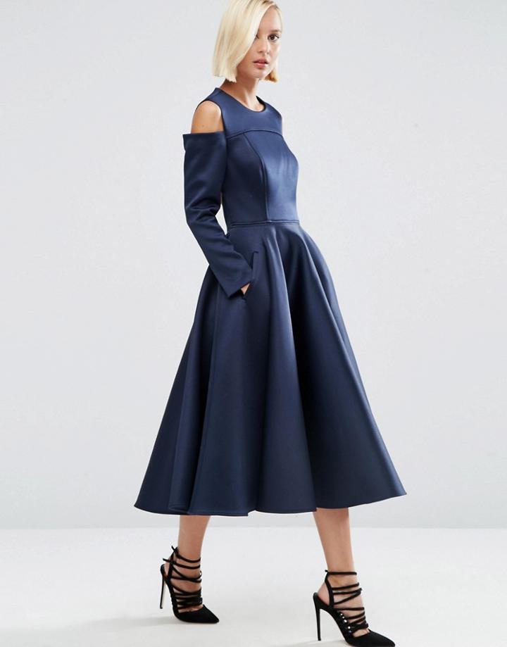 Asos White Bonded Satin Midi Dress With Cold Shoulder - Navy